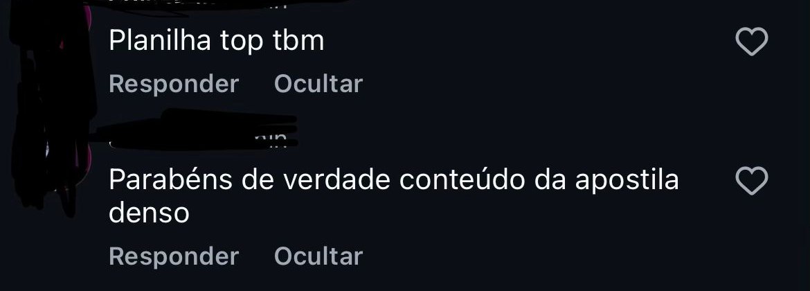 Comentário real no Instagram elogiando a planilha e a cartilha