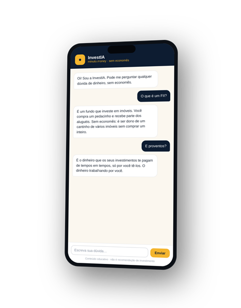 Mockup de celular com a InvestIA respondendo dúvidas