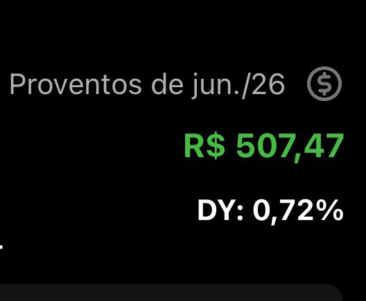 Resumo de proventos recebidos: R$ 507,47 em junho de 2026, com dividend yield de 0,72%